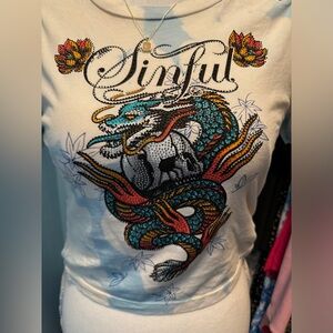 Sinful Dragon Fire Skull Cropped T-Shirt with Rhinestones Brand New, Never Worn